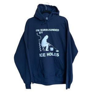 Gildan Dark Blue Ice Fishing Graphic Hoodie I’m Surrounded by Ice Holes XL
